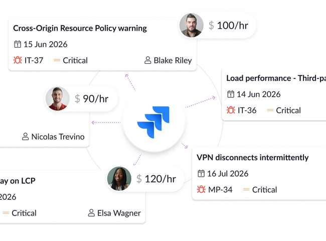 A circular Jira logo with arrows around the circumference connecting to different Jira issues. Alongside some of these issues are profile pictures of different people with their hourly rate listed beside them.